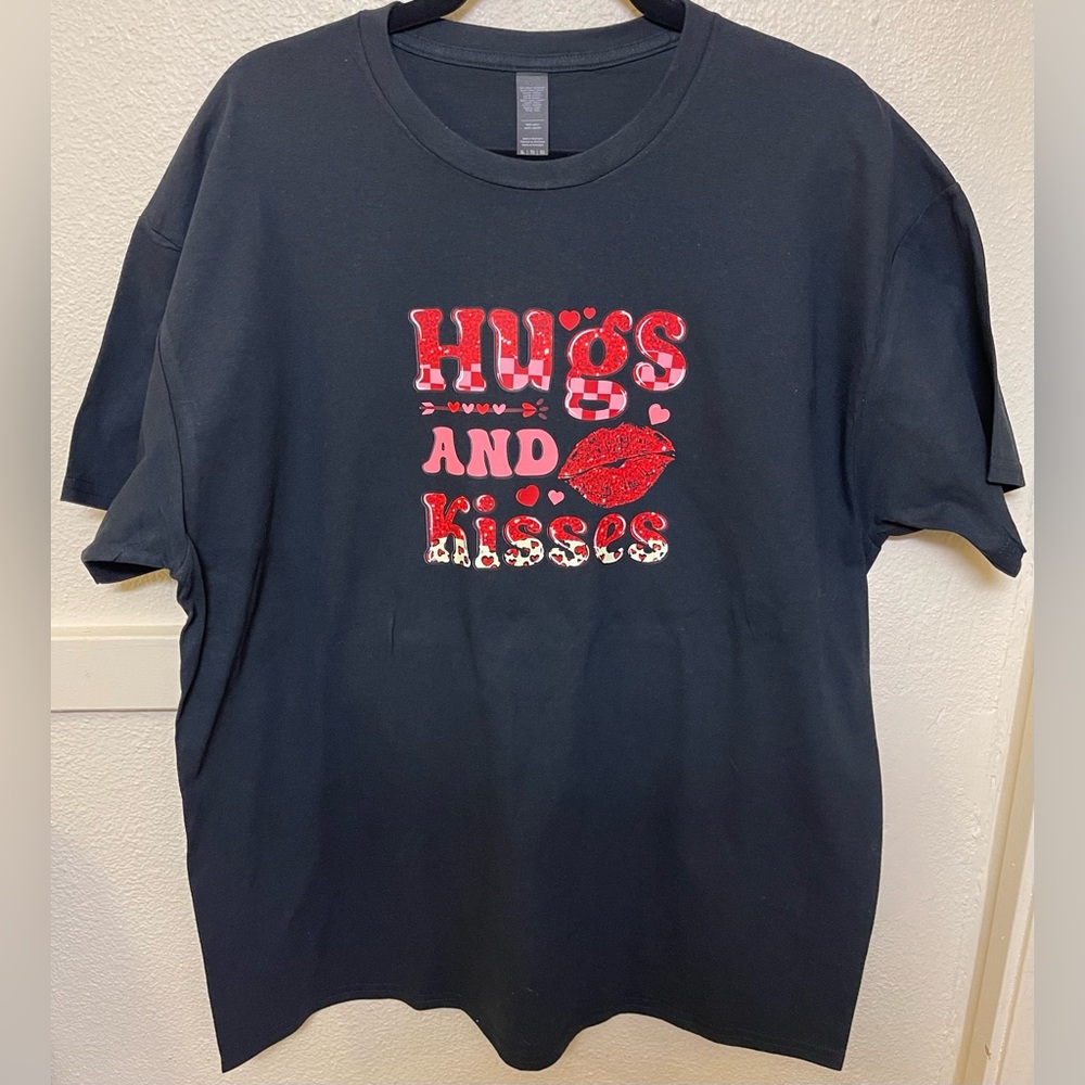 Black Shirt with Red and Pink 'Hugs and Kisses' Design